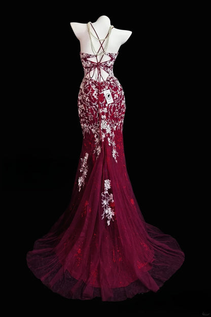 Chic Red Long Prom Dresses Tulle Applique Spaghetti Straps Mermaid Evening Dresses Sleeveless Birthday Dresses ED06209