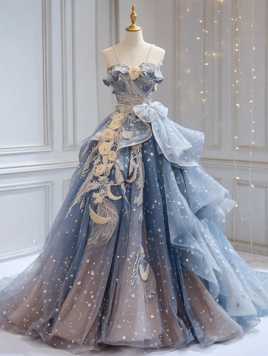 Chic Blue Long Prom Dresses Tulle Applique Spaghetti Straps A-Line Evening Dresses Sleeveless Birthday Dresses ED06210