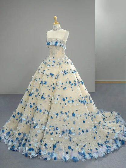 Chic Appliques Long Prom Dresses Tulle Strapless A-Line Evening Dresses Sleeveless Birthday Dresses ED06213