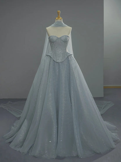 Chic Blue Long Prom Dresses Tulle Strapless A-Line Evening Dresses Sleeveless Birthday Dresses ED06214