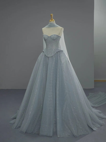 Chic Blue Long Prom Dresses Tulle Strapless A-Line Evening Dresses Sleeveless Birthday Dresses ED06214