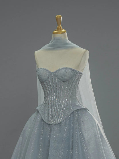 Chic Blue Long Prom Dresses Tulle Strapless A-Line Evening Dresses Sleeveless Birthday Dresses ED06214