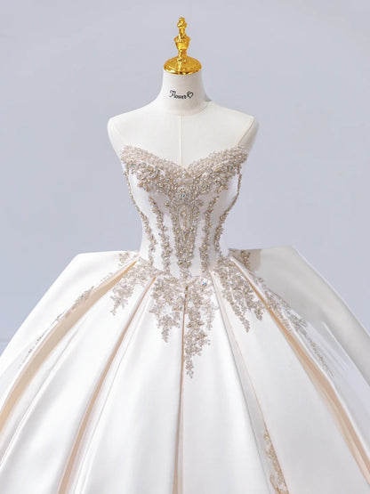 Chic A-Line Long Wedding Dresses Sweetheart Satin White Bridal Dresses Sleeveless Bridal Gowns ED06215