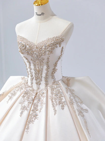 Chic A-Line Long Wedding Dresses Sweetheart Satin White Bridal Dresses Sleeveless Bridal Gowns ED06215