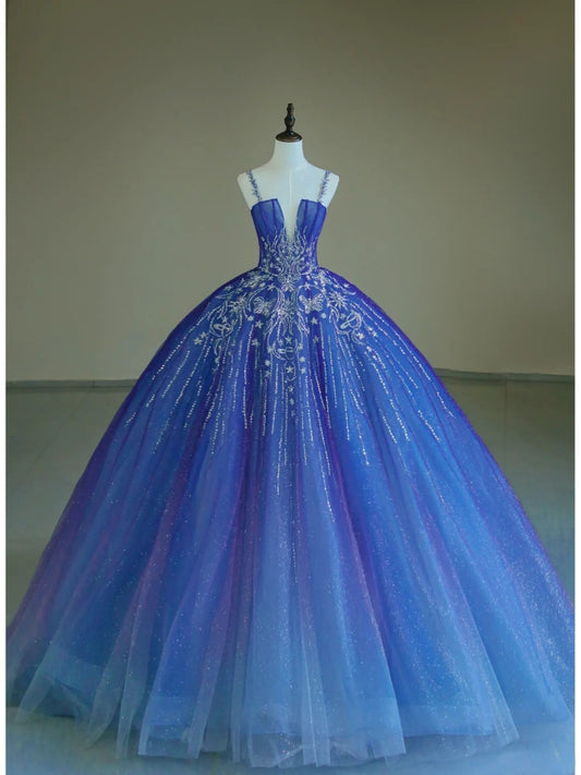 Chic A-Line Long Prom Dresses Tulle Spaghetti Straps Blue Birthday Dresses Sleeveless Evening Gowns ED06218