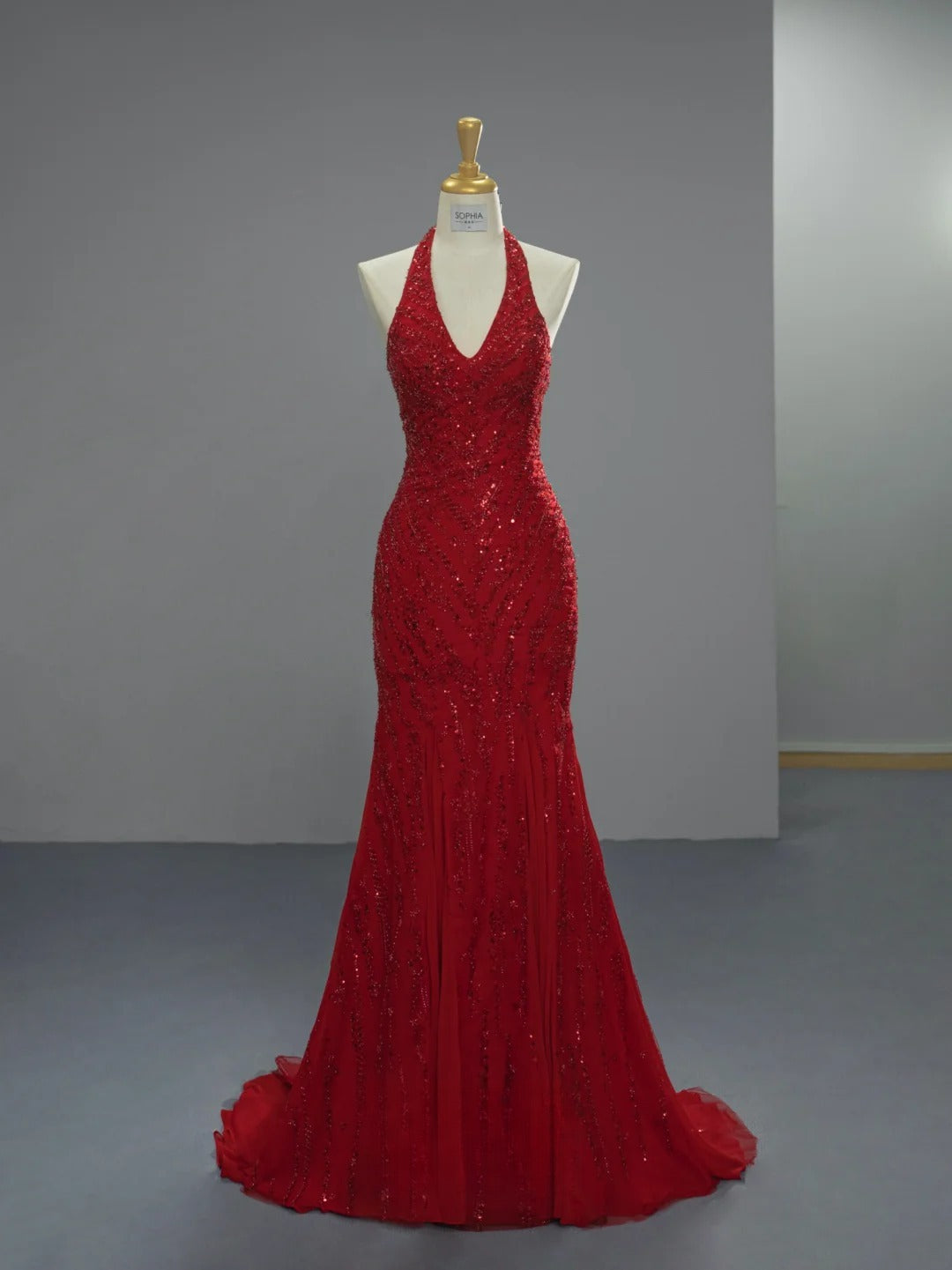 Chic Mermaid Long Prom Dresses Halter Beaded Chiffon Burgundy Birthday Dresses Sleeveless Evening Gowns ED06219