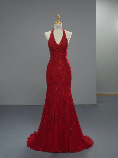 Chic Mermaid Long Prom Dresses Halter Beaded Chiffon Burgundy Birthday Dresses Sleeveless Evening Gowns ED06219