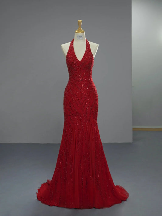 Chic Mermaid Long Prom Dresses Halter Beaded Chiffon Burgundy Birthday Dresses Sleeveless Evening Gowns ED06219