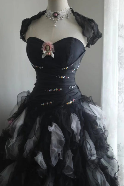 Chic A-Line Long Prom Dresses Sweetheart Tulle Black Birthday Dresses Sleeveless Evening Gowns ED06220