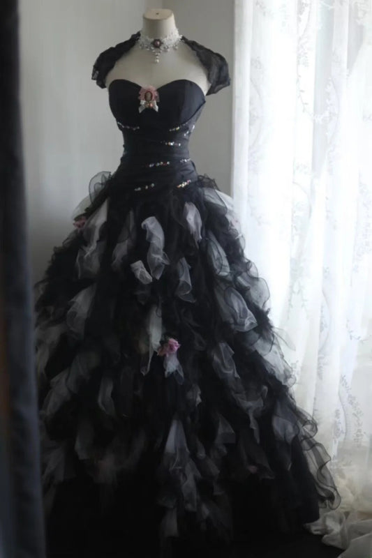 Chic A-Line Long Prom Dresses Sweetheart Tulle Black Birthday Dresses Sleeveless Evening Gowns ED06220