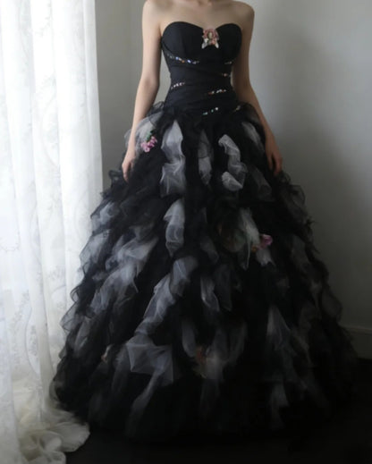 Chic A-Line Long Prom Dresses Sweetheart Tulle Black Birthday Dresses Sleeveless Evening Gowns ED06220