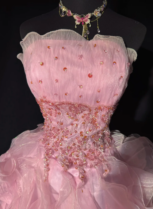 Cute A-Line Short Prom Dresses Strapless Tulle Pink Birthday Dresses Sleeveless Party Dresses ED06225