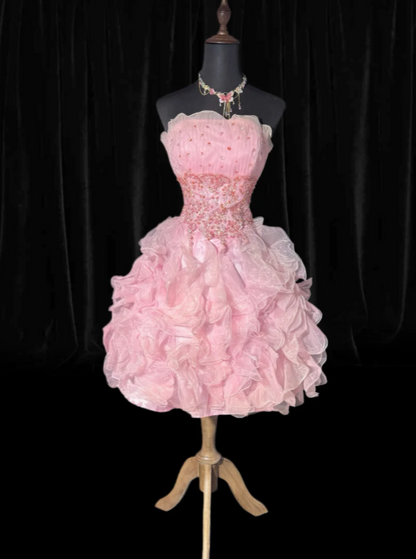Cute A-Line Short Prom Dresses Strapless Tulle Pink Birthday Dresses Sleeveless Party Dresses ED06225