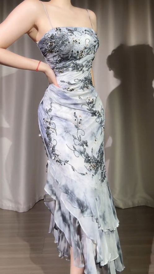 Elegant Floral Long Prom Dresses Chiffon Spaghetti Straps Sheath Birthday Dresses Sleeveless Evening Dresses ED06226