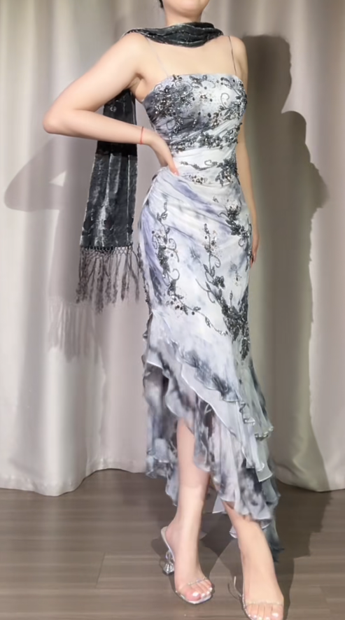 Elegant Floral Long Prom Dresses Chiffon Spaghetti Straps Sheath Birthday Dresses Sleeveless Evening Dresses ED06226