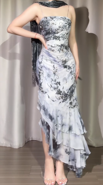 Elegant Floral Long Prom Dresses Chiffon Spaghetti Straps Sheath Birthday Dresses Sleeveless Evening Dresses ED06226