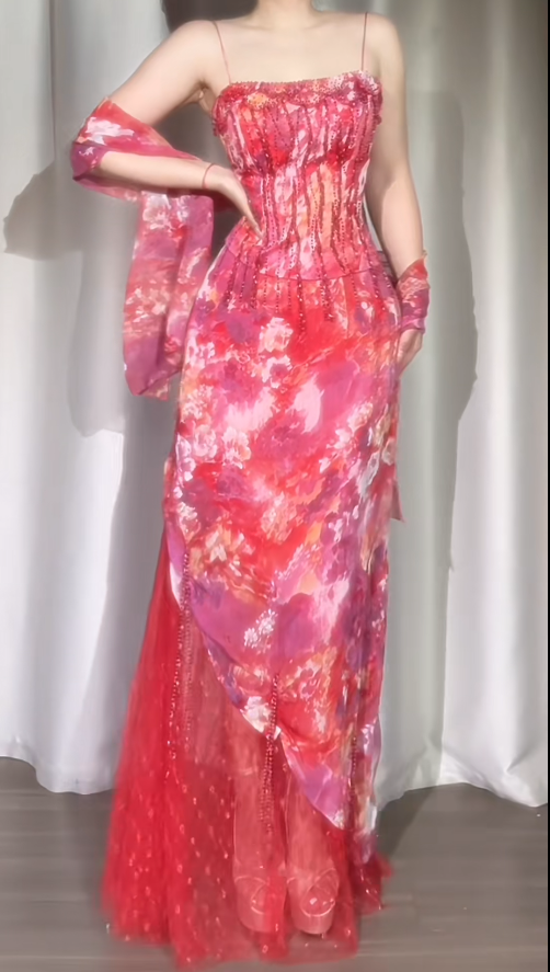 Elegant Floral Long Prom Dresses Spaghetti Straps Sheath Pink Birthday Dresses Beaded Chiffon Sleeveless Evening Dresses ED06227