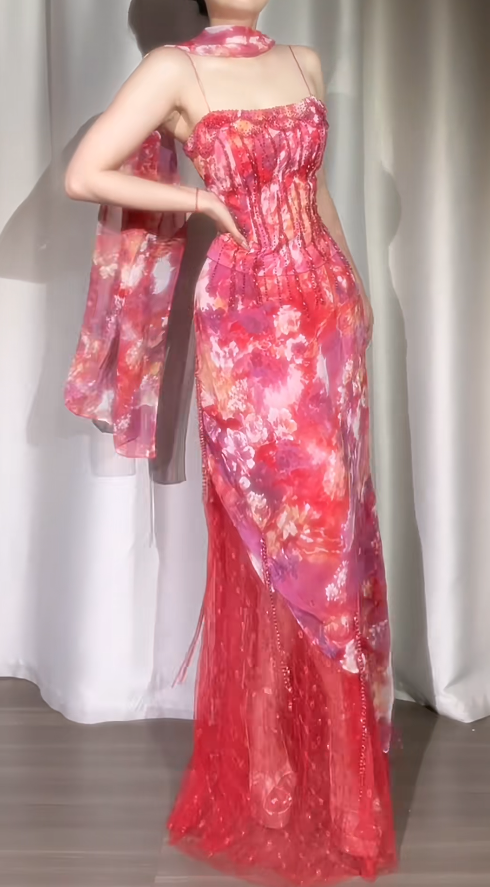 Elegant Floral Long Prom Dresses Spaghetti Straps Sheath Pink Birthday Dresses Beaded Chiffon Sleeveless Evening Dresses ED06227