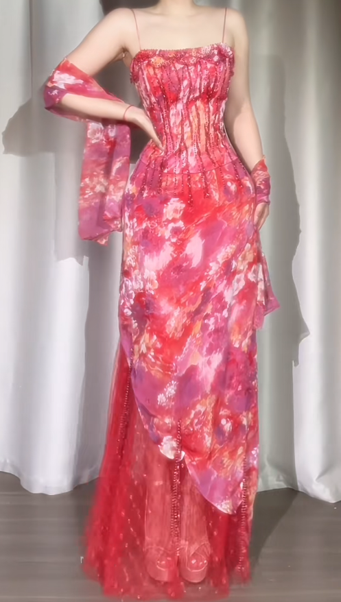 Elegant Floral Long Prom Dresses Spaghetti Straps Sheath Pink Birthday Dresses Beaded Chiffon Sleeveless Evening Dresses ED06227