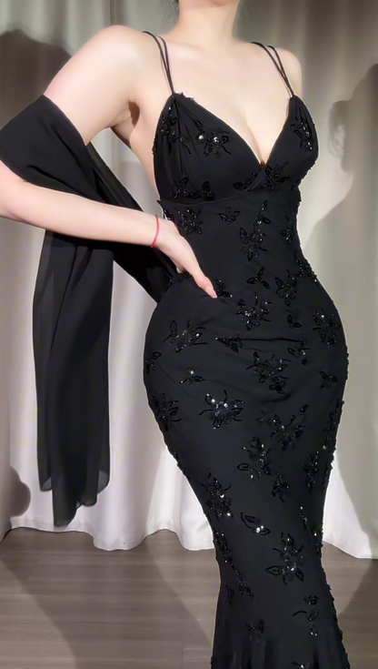 Elegant Black Long Prom Dresses Spaghetti Straps Mermaid Birthday Dresses Chiffon Sleeveless Evening Dresses ED06228