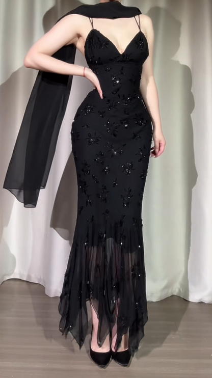 Elegant Black Long Prom Dresses Spaghetti Straps Mermaid Birthday Dresses Chiffon Sleeveless Evening Dresses ED06228