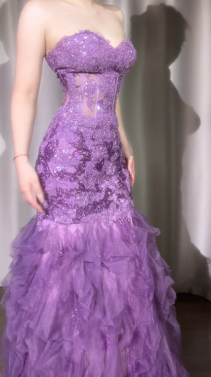 Elegant Purple Long Prom Dresses Sweetheart Mermaid Birthday Dresses Tulle Sleeveless Evening Dresses ED06229