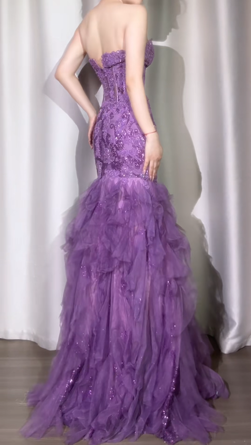 Elegant Purple Long Prom Dresses Sweetheart Mermaid Birthday Dresses Tulle Sleeveless Evening Dresses ED06229