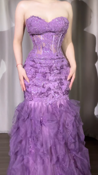 Elegant Purple Long Prom Dresses Sweetheart Mermaid Birthday Dresses Tulle Sleeveless Evening Dresses ED06229