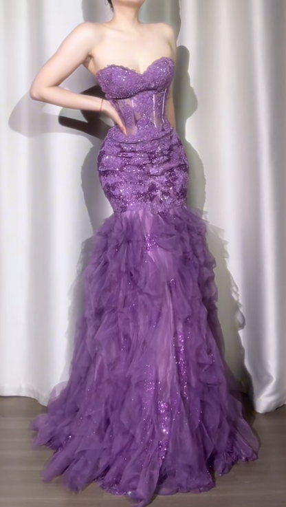 Elegant Purple Long Prom Dresses Sweetheart Mermaid Birthday Dresses Tulle Sleeveless Evening Dresses ED06229
