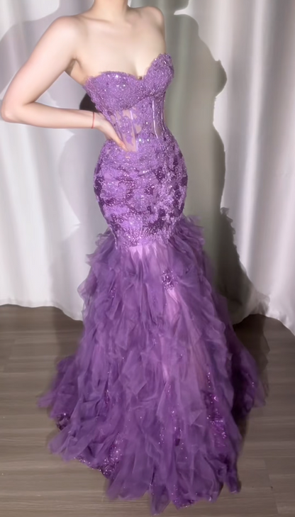 Elegant Purple Long Prom Dresses Sweetheart Mermaid Birthday Dresses Tulle Sleeveless Evening Dresses ED06229