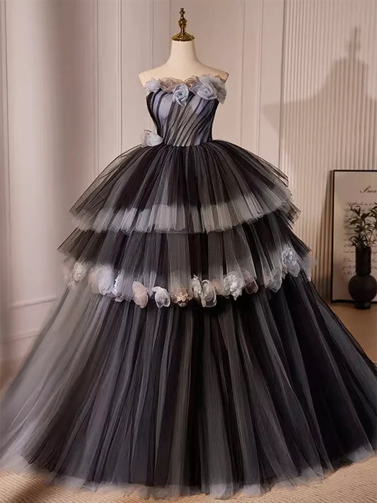 Robe de bal longue en tulle noir, robe de soirée en tulle noir ED0623