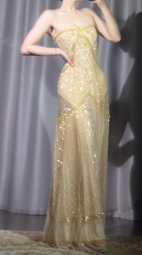 Elegant Gold Long Prom Dresses Beaded Tulle Party Dresses Strapless Sheath Birthday Dresses Sleeveless Evening Dresses ED06230