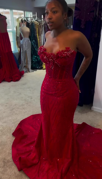 Elegant Burgundy Long Prom Dresses Sequins Satin Party Dresses Sweetheart Mermaid Birthday Dresses Sleeveless Evening Dresses ED06232