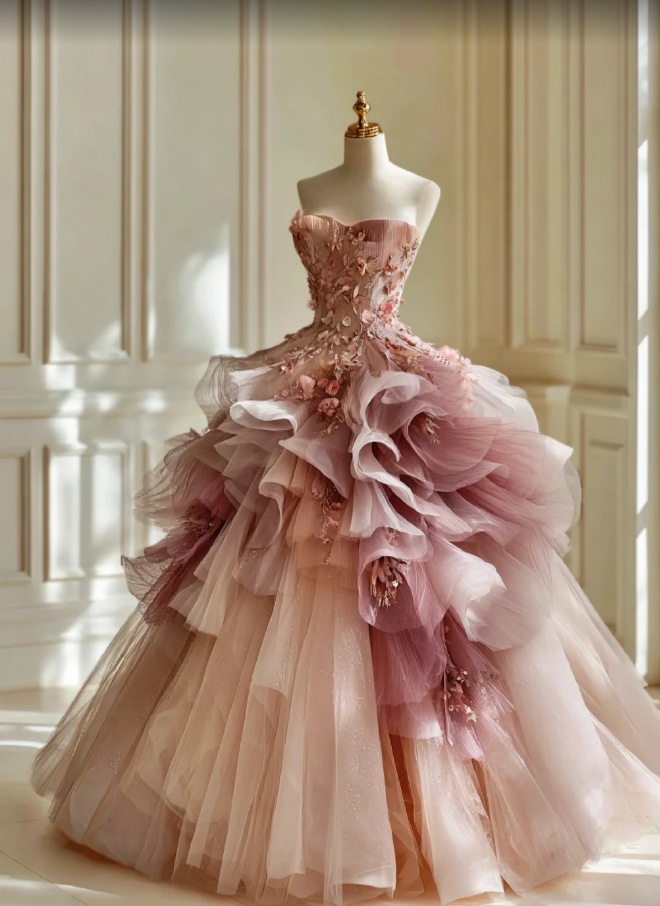 Gorgeous Pink Long Prom Dresses Strapless A-Line Evening Dresses Tulle Sleeveless Quinceanera Dresses ED06236