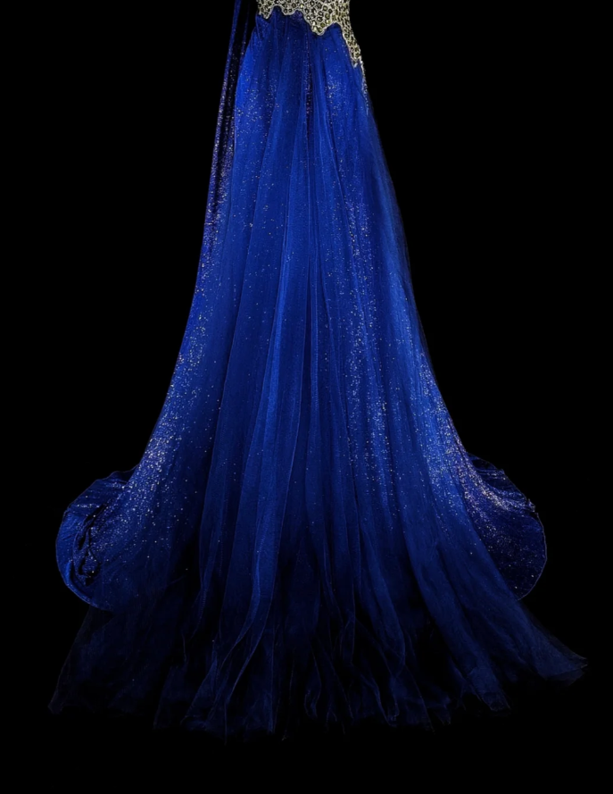 Glitter Blue Long Prom Dresses Spaghetti Straps Sheath Evening Dresses Satin Sleeveless Party Dresses ED06239