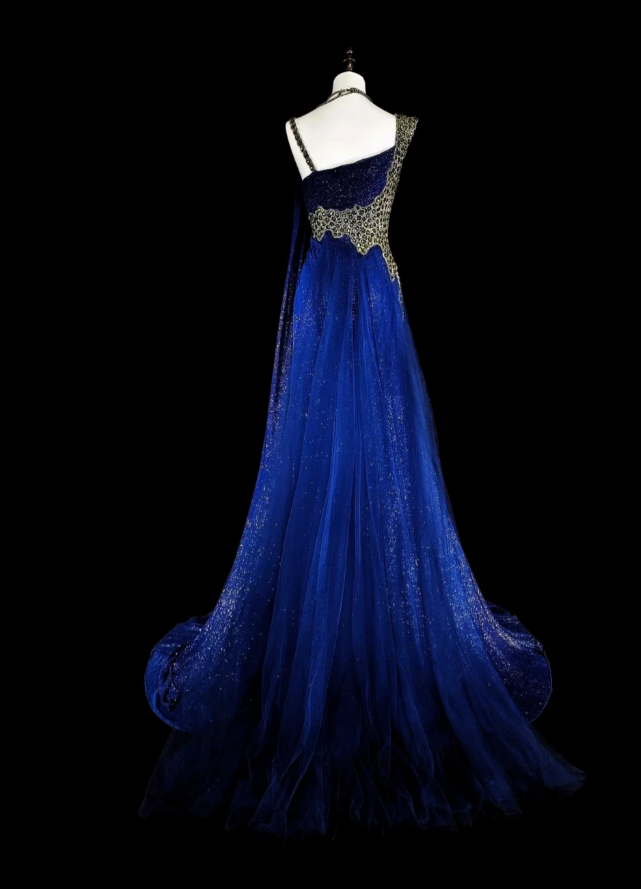 Glitter Blue Long Prom Dresses Spaghetti Straps Sheath Evening Dresses Satin Sleeveless Party Dresses ED06239