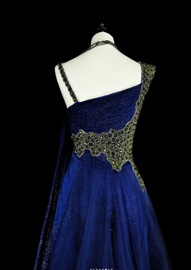 Glitter Blue Long Prom Dresses Spaghetti Straps Sheath Evening Dresses Satin Sleeveless Party Dresses ED06239