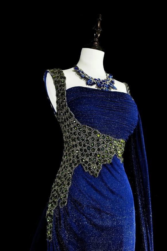 Glitter Blue Long Prom Dresses Spaghetti Straps Sheath Evening Dresses Satin Sleeveless Party Dresses ED06239