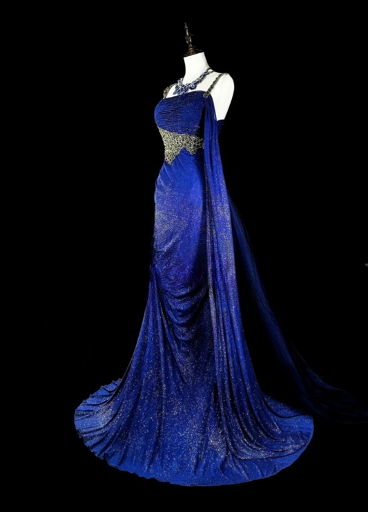 Glitter Blue Long Prom Dresses Spaghetti Straps Sheath Evening Dresses Satin Sleeveless Party Dresses ED06239