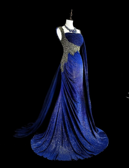 Robes d'anniversaire élégantes bleu dégradé, col en V, paillettes, mousseline, fourreau, robes de bal, robes de soirée ED04456