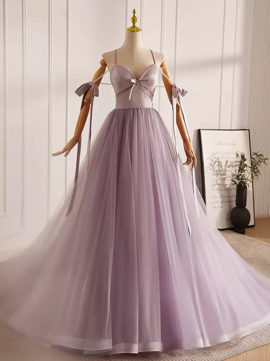A-Line V Neck Tulle Beads Purple Long Prom Dress, Purple Long Formal Dress ED0624