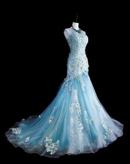 Fairy Tiffany Blue Long Prom Dresses Tulle Straps Mermaid Evening Dresses Applique Sleeveless Party Dresses ED06240