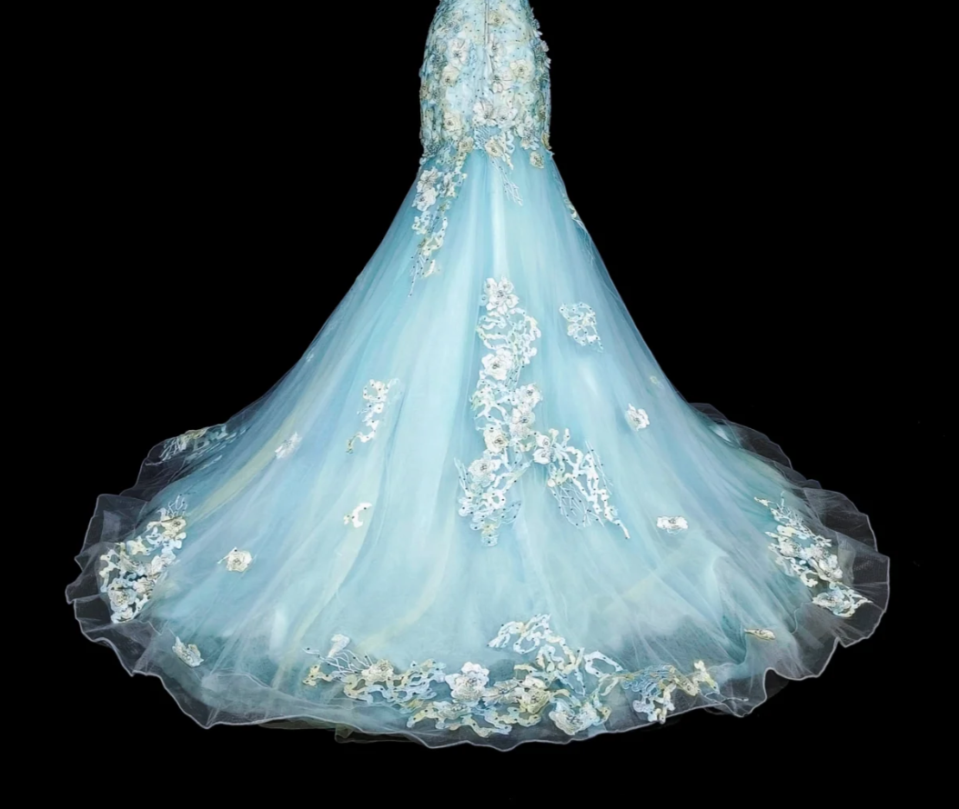 Fairy Tiffany Blue Long Prom Dresses Tulle Straps Mermaid Evening Dresses Applique Sleeveless Party Dresses ED06240