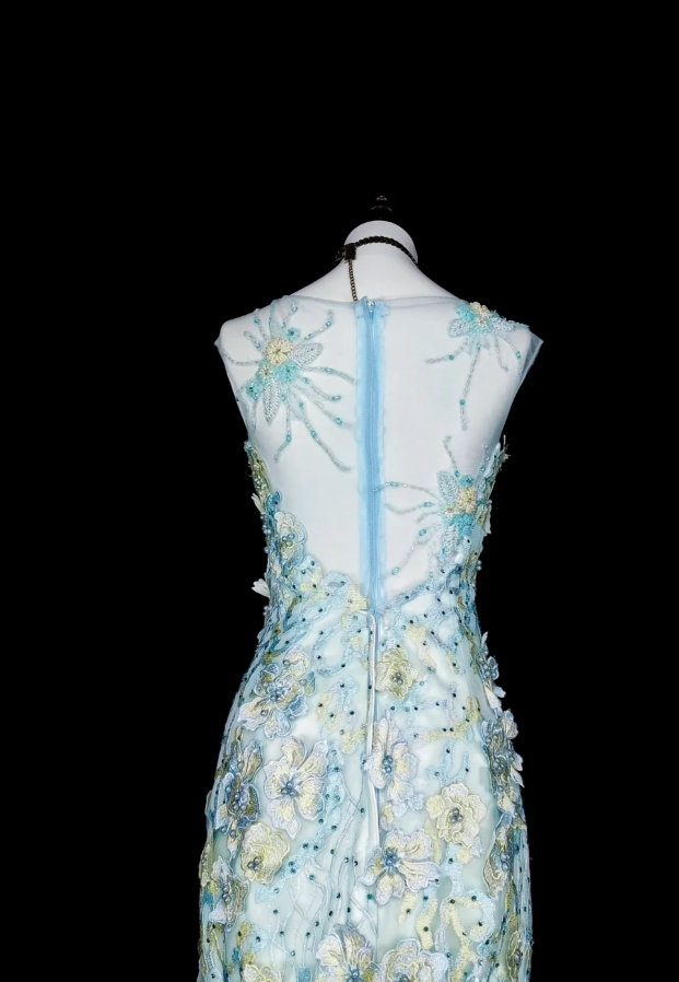 Fairy Tiffany Blue Long Prom Dresses Tulle Straps Mermaid Evening Dresses Applique Sleeveless Party Dresses ED06240