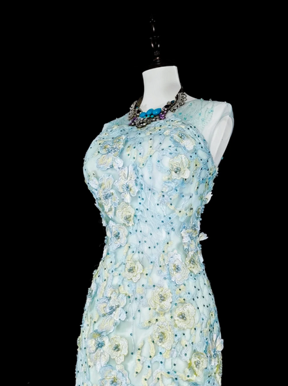 Fairy Tiffany Blue Long Prom Dresses Tulle Straps Mermaid Evening Dresses Applique Sleeveless Party Dresses ED06240