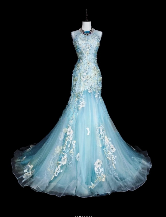 Fairy Tiffany Blue Long Prom Dresses Tulle Straps Mermaid Evening Dresses Applique Sleeveless Party Dresses ED06240