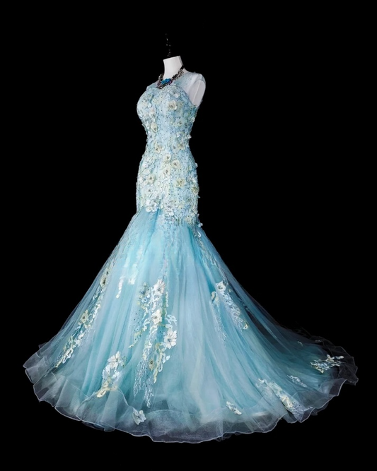 Fairy Tiffany Blue Long Prom Dresses Tulle Straps Mermaid Evening Dresses Applique Sleeveless Party Dresses ED06240