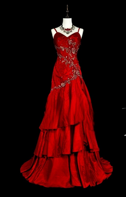 Fairy Red Long Prom Dresses Satin Spaghetti Straps Sheath Evening Dresses Applique Sleeveless Party Dresses ED06241