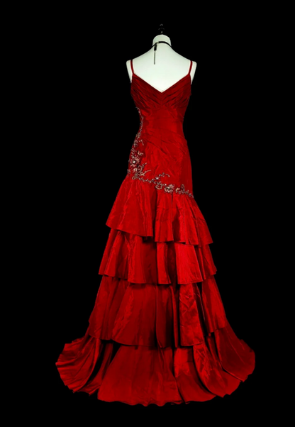 Fairy Red Long Prom Dresses Satin Spaghetti Straps Sheath Evening Dresses Applique Sleeveless Party Dresses ED06241
