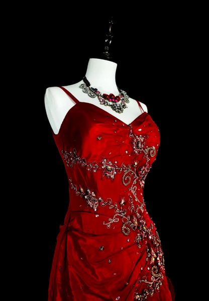 Fairy Red Long Prom Dresses Satin Spaghetti Straps Sheath Evening Dresses Applique Sleeveless Party Dresses ED06241
